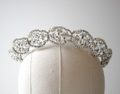 Silver Bridal tiara with White opal and clear crystals, Floral Wedding crown for bride, Wedding hair accessory - image2
